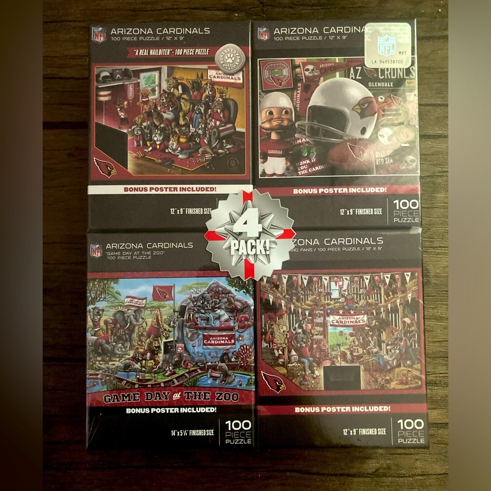 Arizona Cardinals Puzzle‎ 4 Pack + 4 Bonus Posters! 100 Piece Each Puzzle NEW